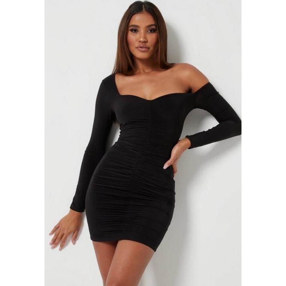 Missguided Tall Black Slinky Seamless Ruched Off Shoulder Mini Dress 8 Tall